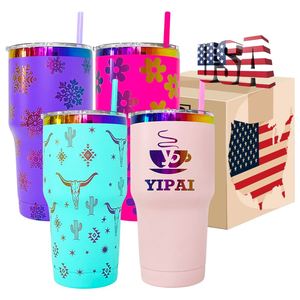 Vacuum Insulated 30Oz <b>Rainbow</b> Plated Tumblerr With Colored Straw Laser Engraving for Outdoor Travel Coffee Cup - Product Image 3