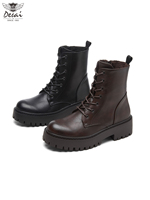 Bottines à lacets pour femmes GMM004 en cuir PU, semelle TPR, plateforme épaisse, semelle à crampons, fermeture éclair latérale, bout rond, bottes tendance, noir, marron