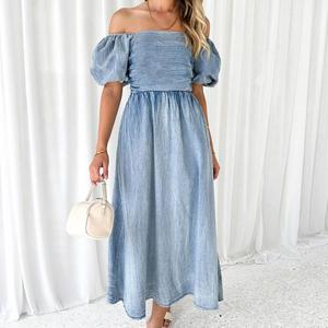<span class=keywords><strong>Robe</strong></span> bandeau d'été décontractée personnalisée Loose Flare Ruffles Puff Short Sleeve Light Blue Maxi Jeans Solid Color Denim Breathable - Product Image 3