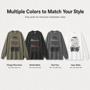 <b>Men</b> Loose Fit 260G Cotton Long Sleeve T-Shirt Heavyweight Washed Vintage Graphic Print Streetwear Supplier OEM Top Wear Bulk - Product Image 2