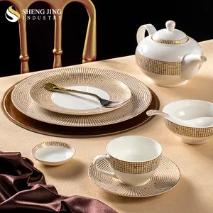 OEM Luxury White Gold Ceramic Dinnerware Set Fine Bone China Tableware Household Restaurant Hotel Ceramic Dinner Sets