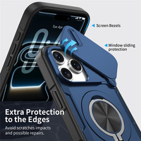 Étui hybride pour iPhone 17 16 15 Pro Max avec cache-caméra coulissant et support anneau métallique intégré