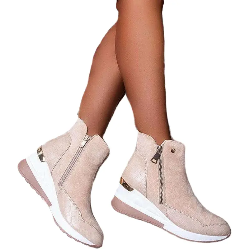 Autumn and winter new large size muffin wedge heel fashion casual round head zipper short boots women