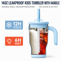 Gobelet pour enfants mignon de 14 oz compatible avec les porte-gobelets, avec poignée et paille en silicone, gobelet isotherme à double paroi anti-fuite