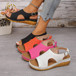 Women Summer Wedge Sandals New Hollow Breathable European and American Open-Toe Roman Sandals in Stock - Product Image 1