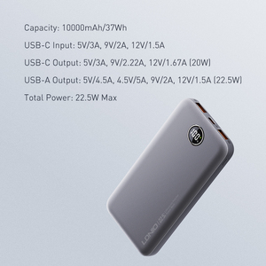 Banque d'alimentation portable rapide LDNIO PQ10 Mini pour ordinateur portable, meilleur chargeur portable, petite banque d'alimentation USB en plastique 10000 mAh gris 10W - Product Image 5