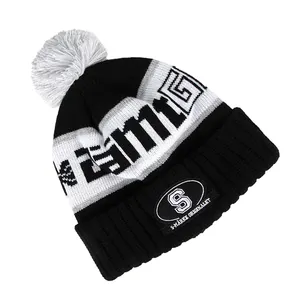 BSCI OEM Manufacturer Fleece Lined Recycled Yarn Jacquard Knit Winter Skiing Sport Pom Pom Beanie Bobble Hats With Custom Logo