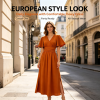 Robe midi élégante pour femme, coupe trapèze, col en V, avec taille froncée, manches à volants, fente haute, en tissu tissé, pour le printemps et l'été, vente en gros Spot