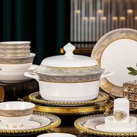 Service de table en porcelaine fine motif paysage oriental, bordure dorée de luxe, compatible lave-vaisselle, pour la maison, les mariages, les banquets et les hôtels