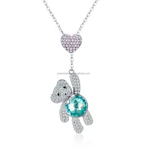 White Gold Plated Jewelry S925 Silver Heart & Cute Bear Dangle Pendant Cubic Zirconia Charm Necklace for Women