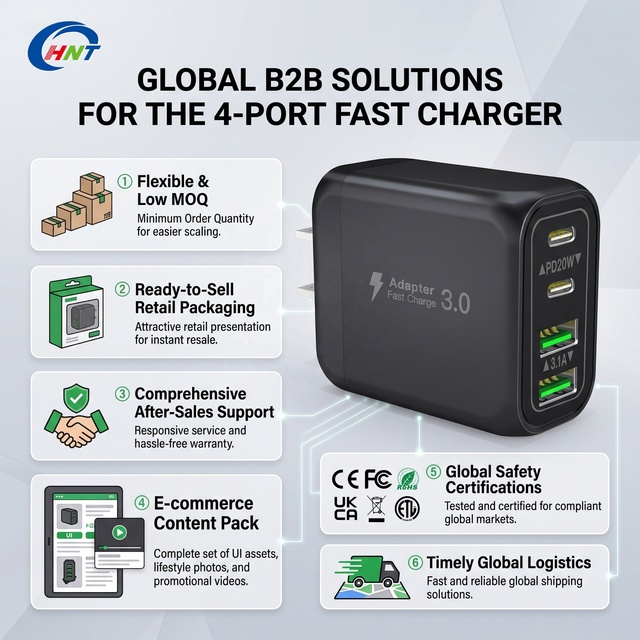 HNT Factory Wholesale USB C Block 40W 4 Ports Wall Charger Type C Plug Fast Charging PD+QC Multiport Power Adapter USB C Charger
