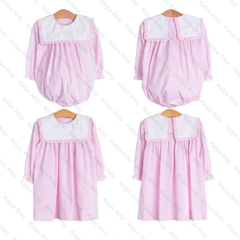 ピンクのミニギンガム幼児のマッチングトリム長袖の女の赤ちゃんのドレスで織られた女の子のためのキッズドレス