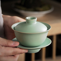 Service à thé Kung Fu trois pièces haut de gamme en porcelaine craquelée, avec bol couvert de style Tianqing Ru, pour la préparation du thé et bol à thé Gaiwan