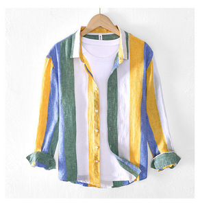 Camicie da <span class=keywords><strong>uomo</strong></span> in popeline <span class=keywords><strong>100</strong></span>% <span class=keywords><strong>lino</strong></span>, a maniche lunghe, estive, multicolori, leggere, traspiranti, a righe verticali, con bottoni, casual. - Product Image 4