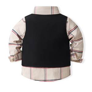 Catpapa Vente en gros Ensemble 4 pièces pour garçons : Chemise à carreaux, <span class=keywords><strong>Gilet</strong></span> <span class=keywords><strong>noir</strong></span>, Pantalon kaki, Nœud papillon – Tenue de cérémonie - Product Image 4
