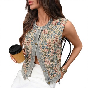 Gilet à manches longues en denim imprimé floral, polyester/coton 500g, pour femme, style décontracté, coupe classique, boutons sur le devant, style usé, printemps - Product Image 3