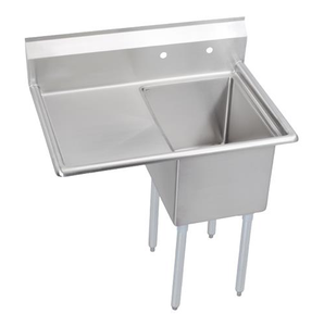 Mesa de fregadero de un compartimento de acero inoxidable con respaldo contra salpicaduras con pies ajustables con escurridor izquierdo para restaurante - Product Image 1