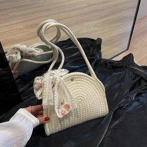 Purple Woven Round Shoulder Bag With Floral <b>Bow</b> Magnetic Closure Women's Crossbody Bag Summer 2023 Portable Beach Bag - Product Image 4