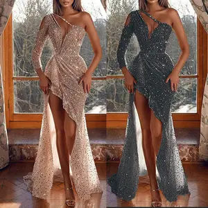 2023 recién llegados mujeres irregulares Sexy asimétrico oro lentejuelas rebordear diamante elegante fiesta largo encaje vestido de noche de graduación