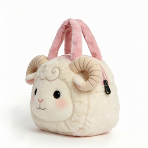 Customized Fluffy Ram Horn Tote Bag with Pink Fuzzy Handles, Cute Sheep <b>Purse</b> for Kids, Cream White Sheep Plush Handbag - Product Image 5