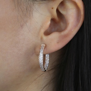 25MM Medium Sized Huggie <strong>Hoop</strong> Earring Rose Gold <strong>Silver</strong> Plated Full Micro Pave 5A CZ Iced Out Women <strong>Hoops</strong> - Product Image 3