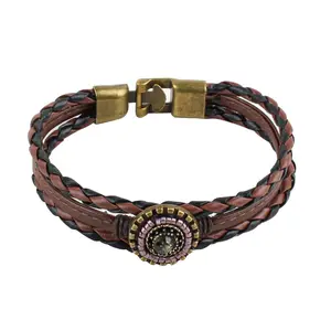 Pulseira artesanal de estilo étnico couro tecido strass pulseiras multi-camadas para homens vintage