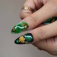 Offre Spéciale Nouveaux Ongles Acryliques à Presser en Forme d'Amande, Dégradé Vert Jade Chinois, Pivoine Dorée 3D et Feuille d'Or, Vente en Gros Personnalisable