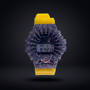 Montre numérique de luxe en acier inoxydable, verre jaune, lunette en pierres précieuses noires, cadran de 38 mm, résistance à l'eau 10 bars, unisexe - Product Image 3