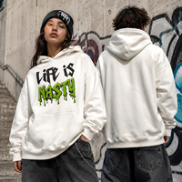Hoodie Streetwear Heavyweight dengan Logo Grafis Custom, Sablon Berkualitas Tinggi, OEM, MOQ Rendah, 380GSM, Putih, Oversized, Model Pullover