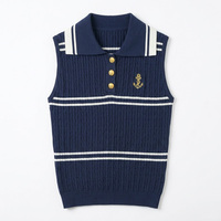 Gilet en tricot marine style preppy nautique pour femme, col polo, pull sans manches en tricot torsadé avec broderie d'ancre dorée, tricot rayé