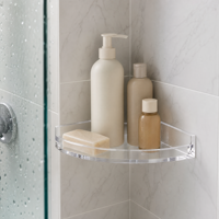 Étagère d'angle de salle de bain en acrylique sur mesure, support mural transparent pour douche avec rebord surélevé et espace pour logo
