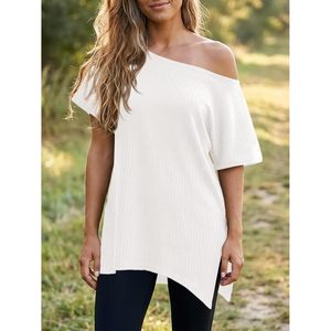 Haut en tricot côtelé pour femmes, épaules dénudées, manches courtes, tunique décontractée d'été, ourlet asymétrique, blanc - Product Image 2