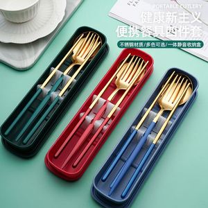 Korean-Style Convenient Tableware Stainless Steel Cutlery Gold Chopsticks Spoon Fork 3Pcs Set Student Travel Flatware Sets - Product Image 4