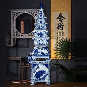 Vase de sol carré en porcelaine bleue et blanche Art Déco écologique de Jingdezhen Jiadu, multi-couches, émaillé, décoratif JDA01 - Product Image 1