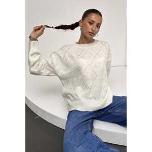 Suéter de Punto con Cuello Redondo y Patrón de Diamantes para Mujer, Manga Larga, Otoño, Casual, Antipilling, Blanco - Product Image 4