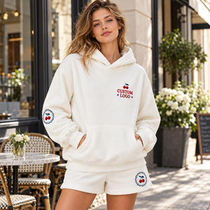 Conjunto de Sudadera con Capucha y Pantalones Cortos Oversize para <span class=keywords><strong>Mujer</strong></span> con Estampado Digital, Bordado Vintage, Logotipo Personalizado, Estilo Casual Americano, Chándal de Dos Piezas - Product Image 2