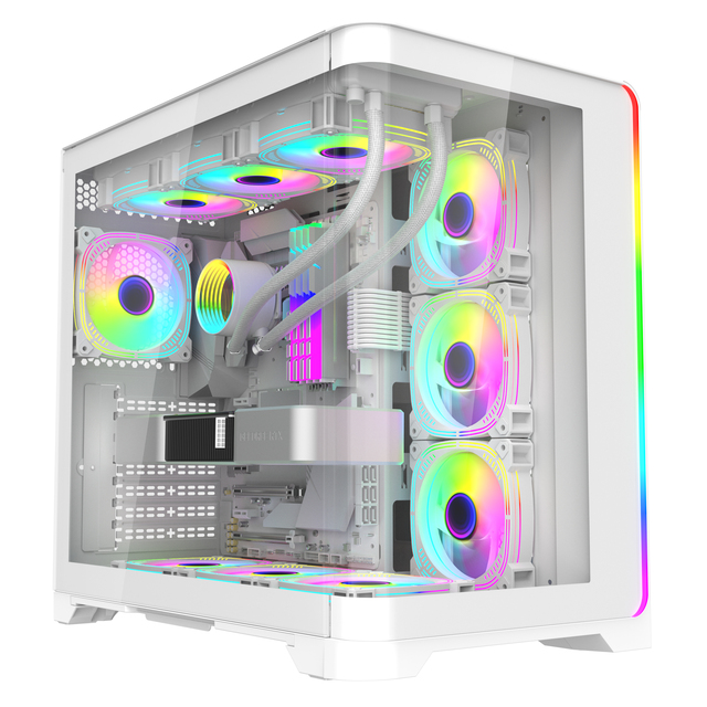 24 Years Factory Full Tower ATX Circular Arc Panoramic Tempered Glass White RGB Strip Gaming Computer Case Gamer Cabinet