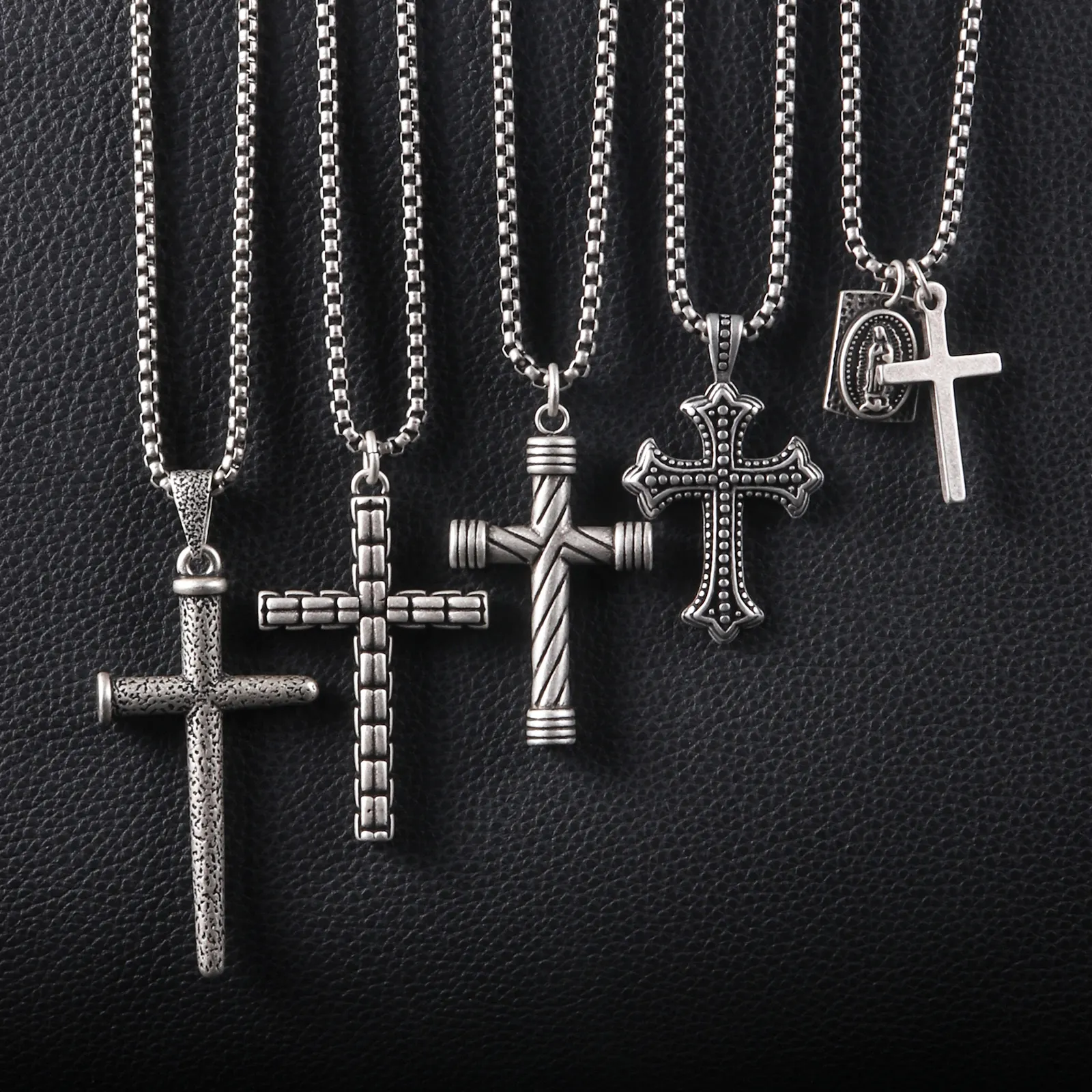 Antique Jewelry Silver Baguette High Quality Vintage Christian Religious Stainless Steel Cross Charm Pendant Necklace For Men