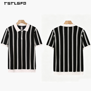 Men Vertical Striped Knit <b>Polo</b> Shirt Half <b>Zip</b> Quarter <b>Zip</b> Black White Contrast Old Money Style Summer Resort Wear <b>Polo</b> - Product Image 1