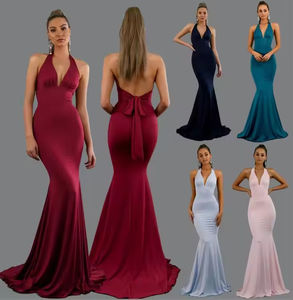 Nieuwste Ontwerp Effen Kleur V-Hals Mouwloze Ruches Lange Avond <span class=keywords><strong>Prom</strong></span> Jurken Voor Vrouwen Ademende Imperium Jurken Feest - Product Image 1