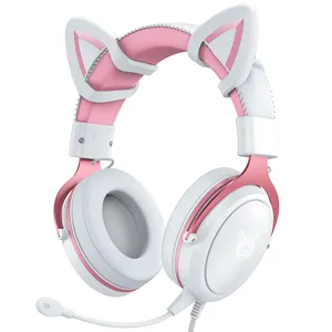 게임 헤드폰 ONIKUMA X10 화이트 고양이 귀/뿔 귀여운 고양이 게임 헤드셋 마이크 유선 헤드폰 소녀 RGB 빛