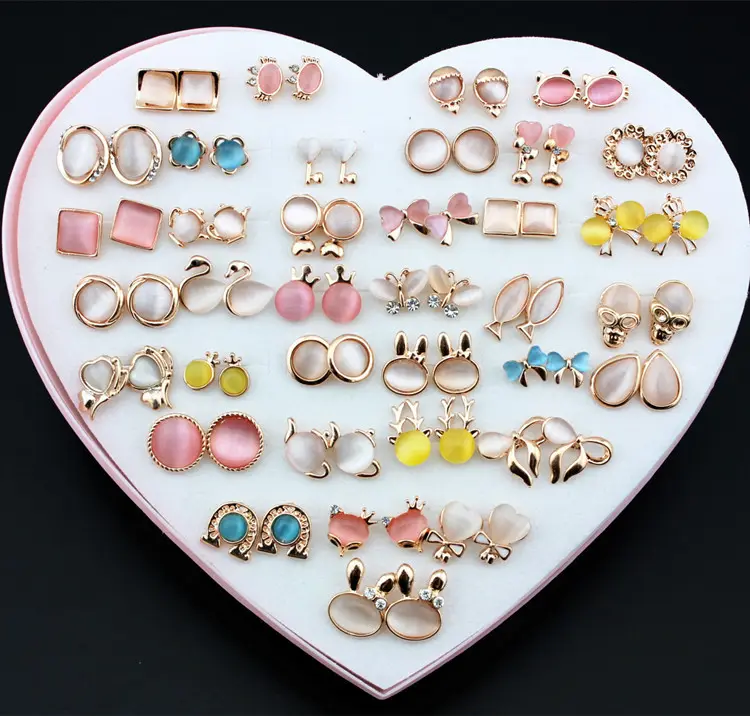 Boucles d'oreilles femme opale en forme de cœur, boucles d'oreilles coréennes en or Rose, perle en strass colorée, vente en gros