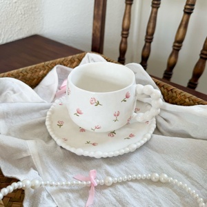 Ensemble tasse à café et soucoupe en céramique à bord perlé motif fleur française, créatif, pour <span class=keywords><strong>le</strong></span> thé de l'après-midi, et assiettes à gâteau - Product Image 3