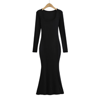 Robe longue maxi personnalisée OEM pour femme, printemps-automne, à manches longues, col rond, sexy, moulante, extensible, droite, en maille, effet illusion, couleur unie