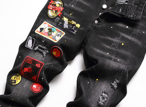 Celana Jeans Pria Hitam Stretch Slim Straight Vintage Gothic Hip Hop Musim Dingin Vintage Berwarna Rivet Berlian Leopard Patchwork - Product Image 4