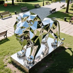 Escultura <span class=keywords><strong>de</strong></span> León Geométrica <span class=keywords><strong>de</strong></span> Acero Inoxidable Pulido Espejo para Decoración Moderna - Product Image 1