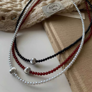 Collier en argent sterling S925 avec perles rouges, blanches et noires, imitation perle, forme de boule, chaîne claviculaire, bijoux tendance - Product Image 5