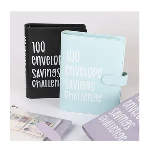 Envelope de livro em couro PU com logotipo personalizado para 100 dias, desafio para economizar dinheiro, caderno de orçamento com slots para cartões