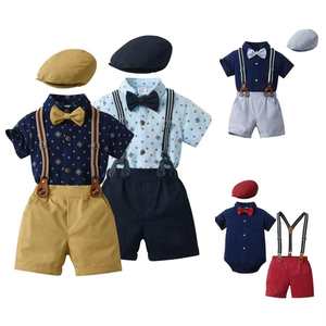 Nouvel <span class=keywords><strong>ensemble</strong></span> trois pièces MQATZ : salopette avec chapeau, costume d'été à manches courtes pour bébés garçons, style britannique - Product Image 1