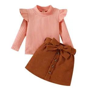 Hot Sale Girls Knitted Corduroy Long Sleeves A Line Skirt Set Girls Sets Child Clothing